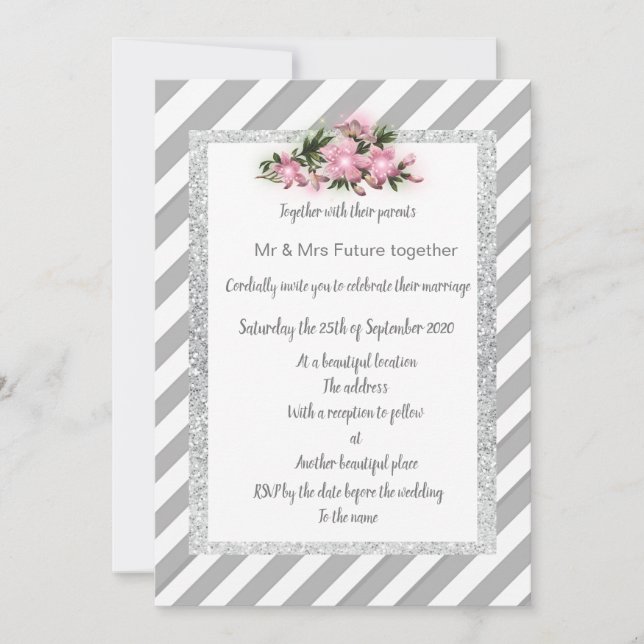 Gray Stripe pink Blume Einladung Neue Hochzeit (Vorderseite)