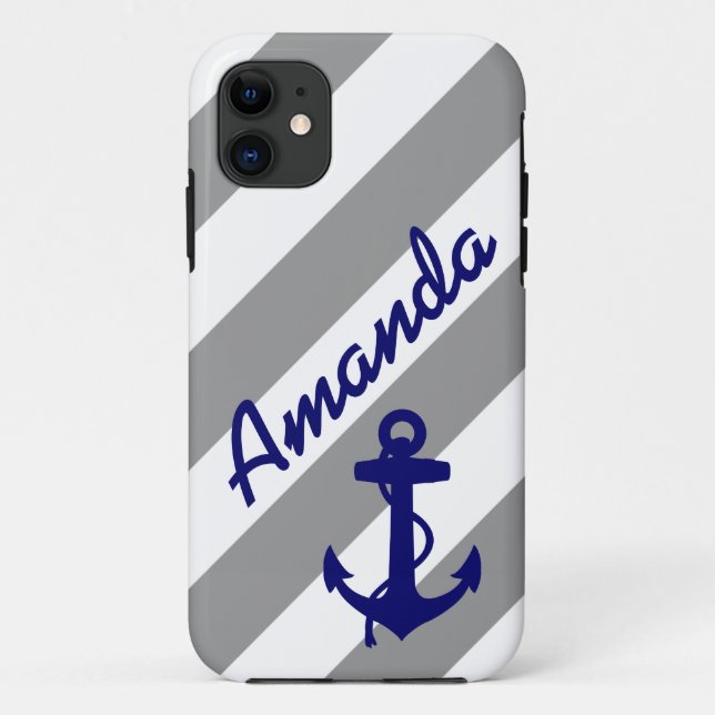 GRAY STRIPES BLUE ANCHOR NAME MONOGRAM Case-Mate iPhone HÜLLE (Rückseite)