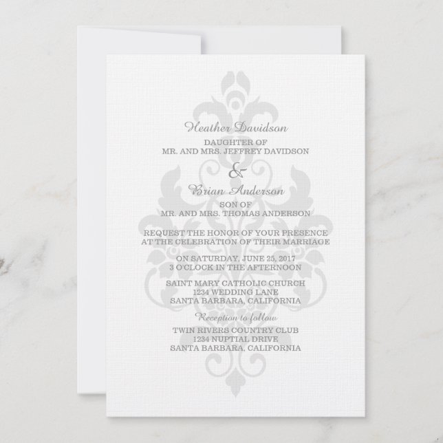 Gray subtle Damask Wedite Invite Einladung (Vorderseite)