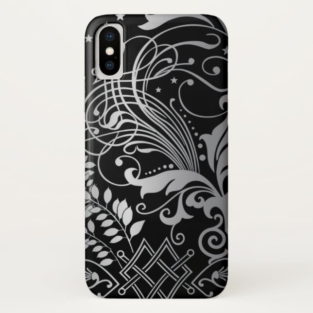 Gray SwirbelDamask Muster auf schwarz Case-Mate iPhone Hülle (Rückseite)