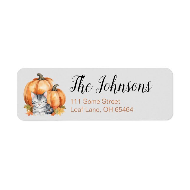 Gray Tabby Cat and Pumpkin Fall Address Label (Vorne)