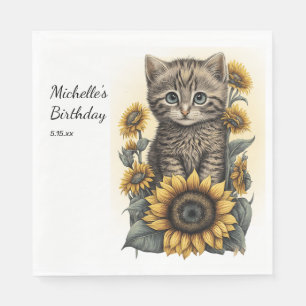 Gray Tabby Cat Kitten Sunflores Geburtstag Serviette