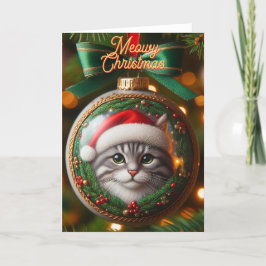 Gray Tabby Cat on Ornament Christmas Card Feiertagskarte