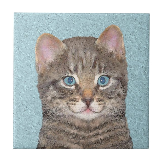 Gray Tabby Cat Painting - Niedliche Original Cat A Fliese (Vorderseite)
