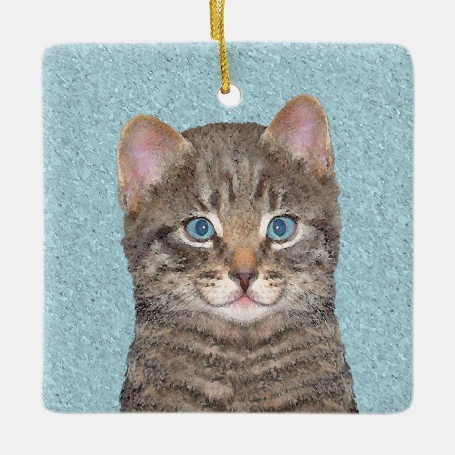 Gray Tabby Cat Painting - Niedliche Original Cat A Keramikornament (Vorderseite)