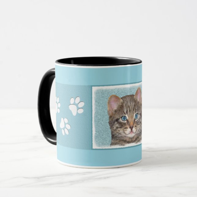 Gray Tabby Cat Painting - Niedliche Original Cat A Tasse (Vorderseite Links)