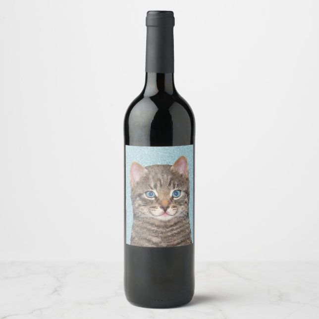 Gray Tabby Cat Painting - Niedliche Original Cat A Weinetikett (Vorderseite)