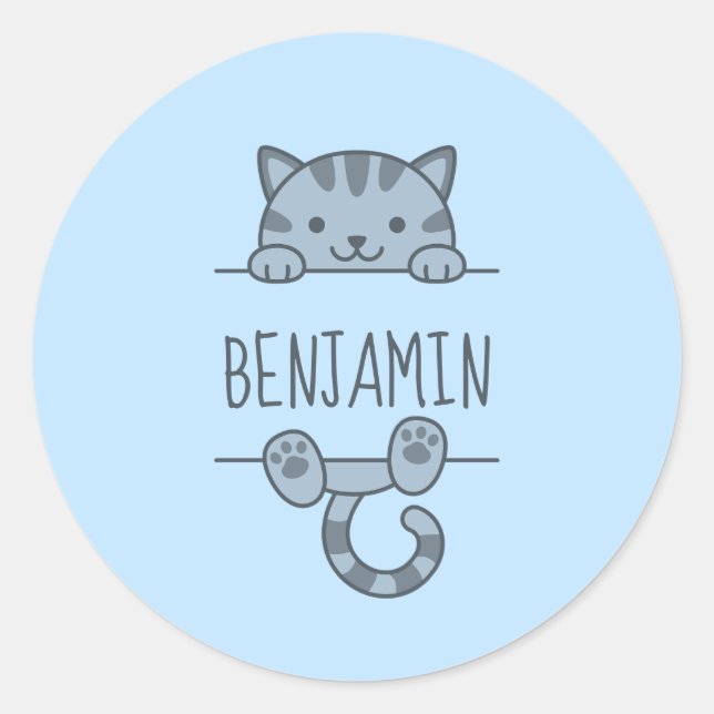 Gray Tabby Cat Peeking hinter Individuelle Name Bl Runder Aufkleber (Vorderseite)