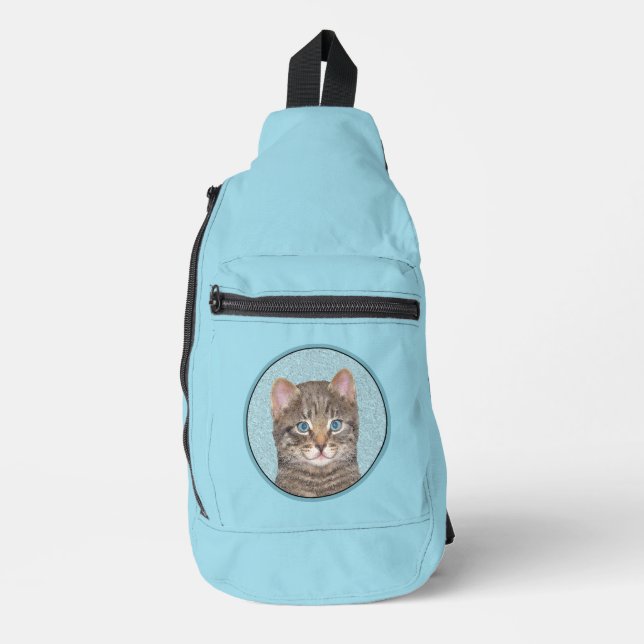 Gray Tabby Cat Portrait Malerei Niedliche Kunst Crossbody Bag (Vorderseite)