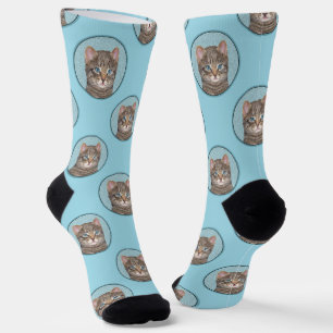 Gray Tabby Cat Portrait Malerei Niedliche Kunst Socken
