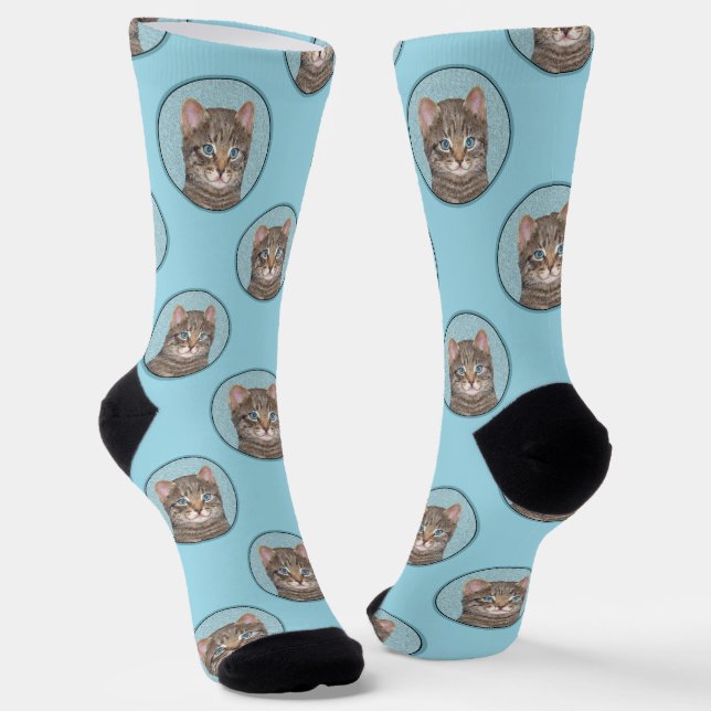 Gray Tabby Cat Portrait Malerei Niedliche Kunst Socken (Gewinkelt)