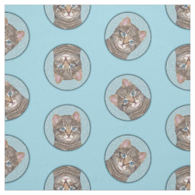 Gray Tabby Cat Portrait Malerei Niedliche Kunst Stoff (Muster)