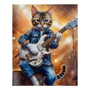 Gray Tabby Cat Rock Star Gitarre spielen Poster