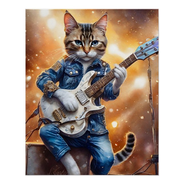 Gray Tabby Cat Rock Star Gitarre spielen Poster (Vorderseite)