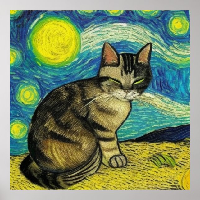 Gray Tabby Cat Starry Night Artwork Van Gogh Poster (Vorne)