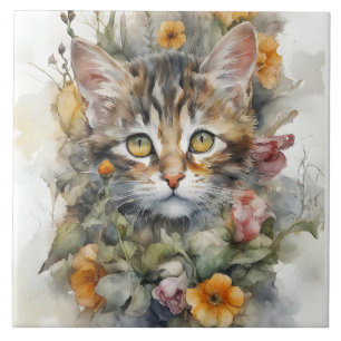 Gray Tabby Katze mit Blume Portrait Fliese
