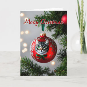 Gray Tabby on Red Christmas Ornament Card Feiertagskarte