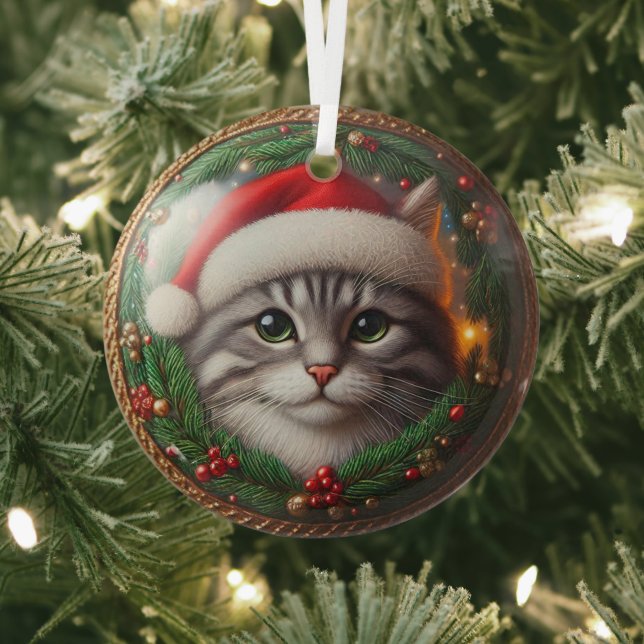 Gray Tabby Weihnachtsmannmütze Glasfaser Ornament Aus Glas (InSitu)