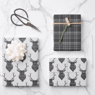 Gray Tartan Stag Head Antler Rustikal Gemustert Geschenkpapier Set