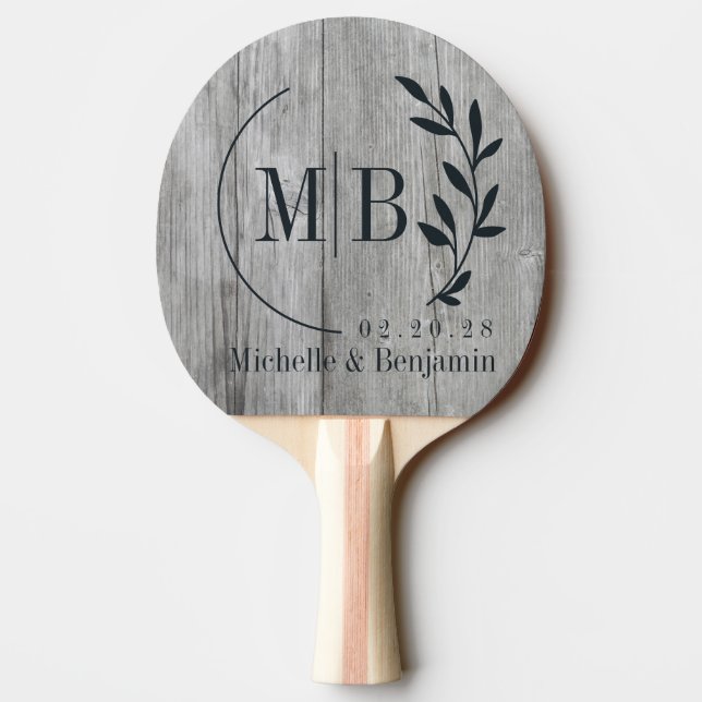Gray Timber Leaf Wedding Monogram Tischtennis Schläger (Rückseite)