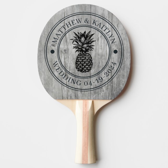 Gray Timber Pineapple Wedding Crest & Names Tischtennis Schläger (Vorderseite)