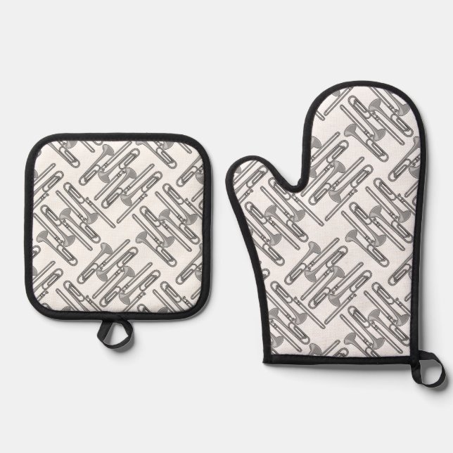 Gray Trombone Crosshatch Pattern Ofenhandschuh & Topflappen-Set (Vorderseite)