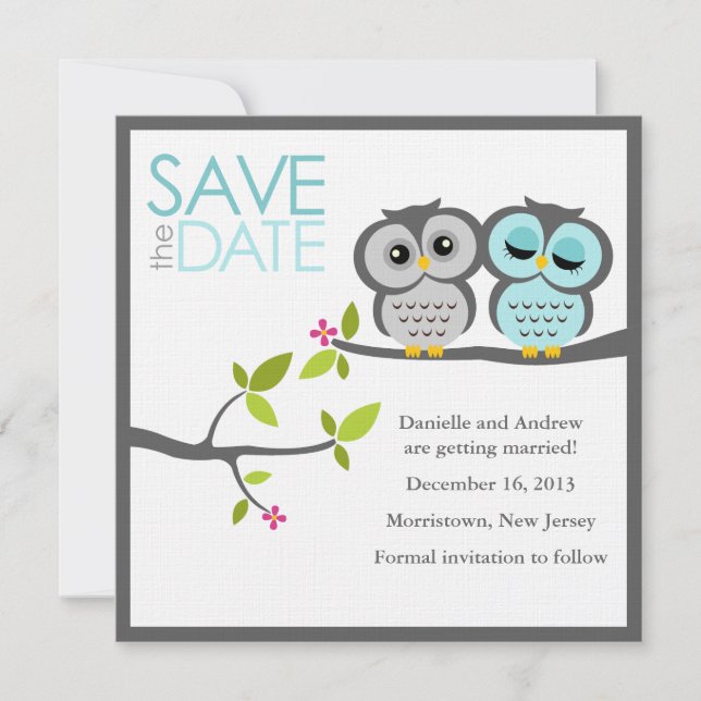 Gray und Aqua Owls Wedding Save the Date Einladung (Vorderseite)