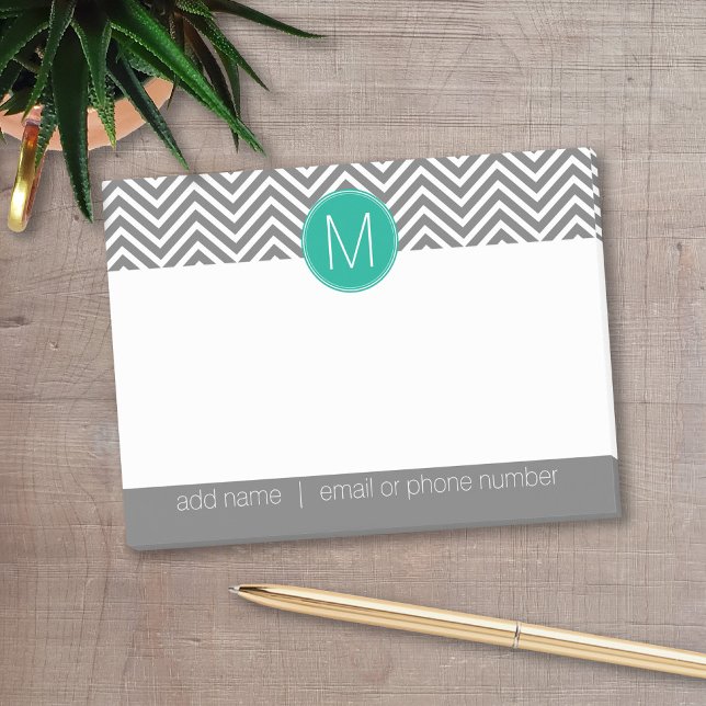 Gray und Emerald Chevrons mit Single Monogram Post-it Klebezettel (Personalized post-it notes with a monogram and contact information - low quantity available)
