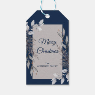Gray und Navy Blue Winter Foliage Frohe Weihnachte Geschenkanhänger