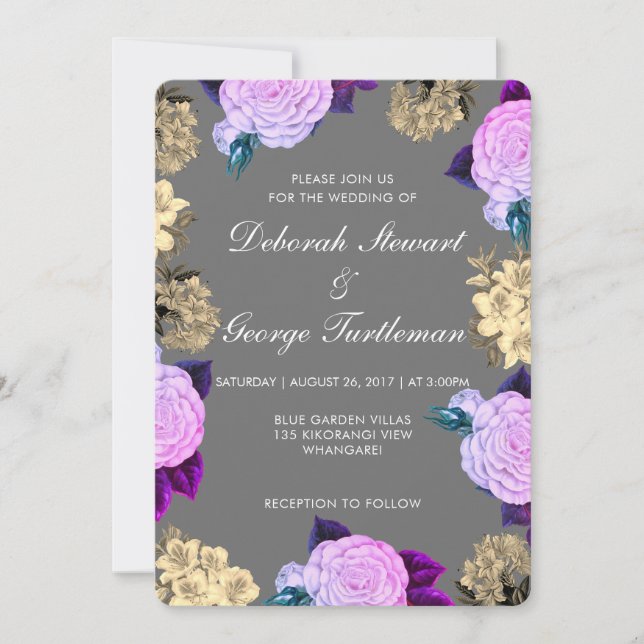 Gray Violet Floral Wedding Invitation Einladung (Vorderseite)
