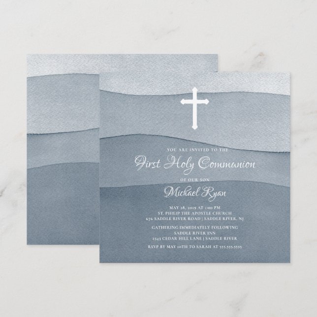 Gray Watercolor Boys Erste Heilige Kommune Einladung (Vorne/Hinten)