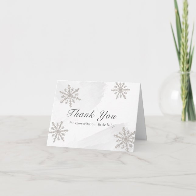 Gray Watercolor Silver Snowflakes Babydusche Dankeskarte (Vorderseite)