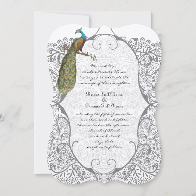 Gray Whimsical Peacock Love Bird Pattern Wedding Einladung (Vorderseite)