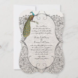 Gray Whimsical Peacock Love Bird Pattern Wedding Einladung