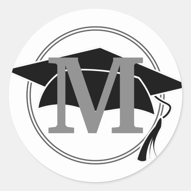 Gray White Black Graduation Cap Monogram Initial Runder Aufkleber (Vorderseite)