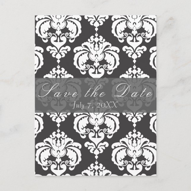 Gray & White Damask Chic Wedding Save the Date Ankündigungspostkarte (Vorderseite)
