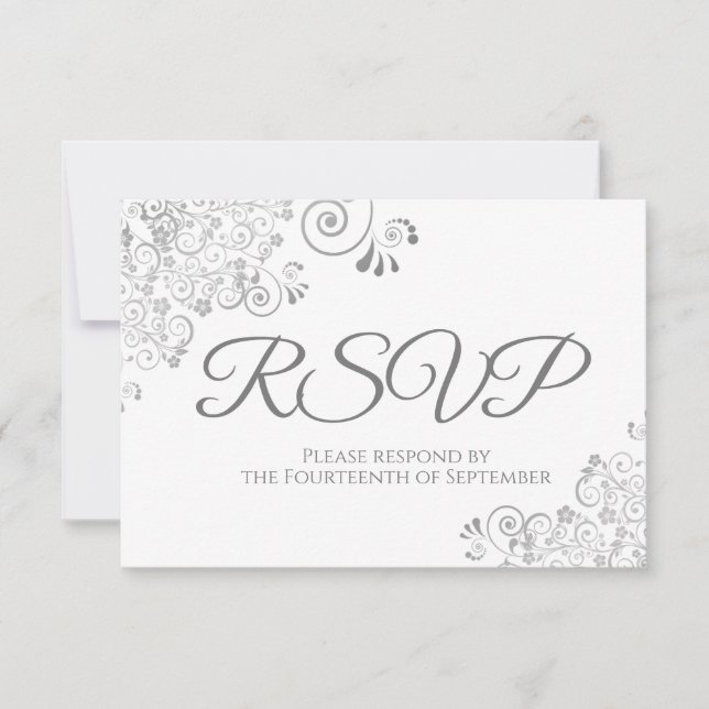 Gray & White Elegant Silver Lace Wedding RSVP Karte (Vorderseite)