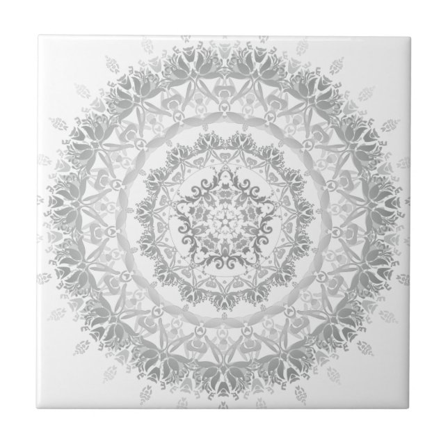 Gray White Floral Damask Mandala Fliese (Vorderseite)