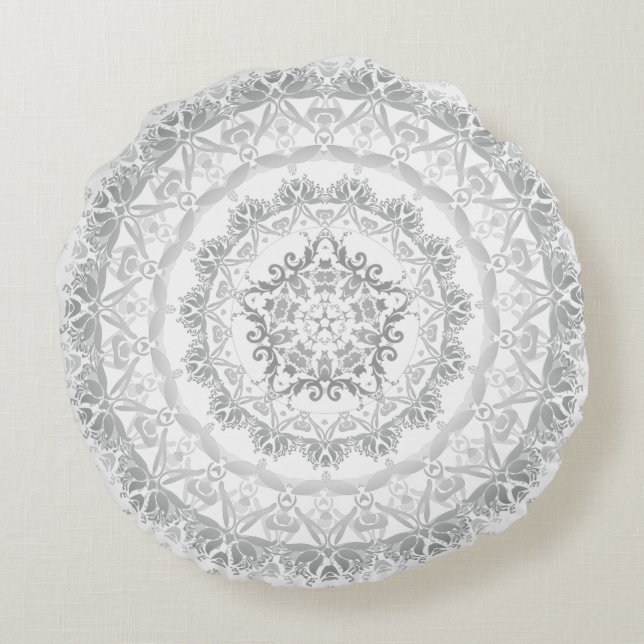 Gray White Floral Damask Mandala Rundes Kissen (Rückseite)