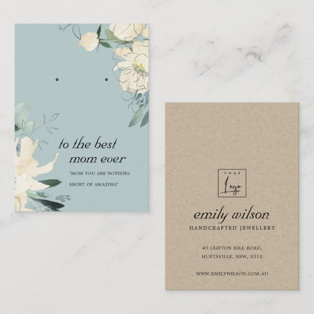GRAY WHITE FLORAL MAMA GIFT EARRING DISPLAY CARD PLATZKARTE (Vorne/Hinten)
