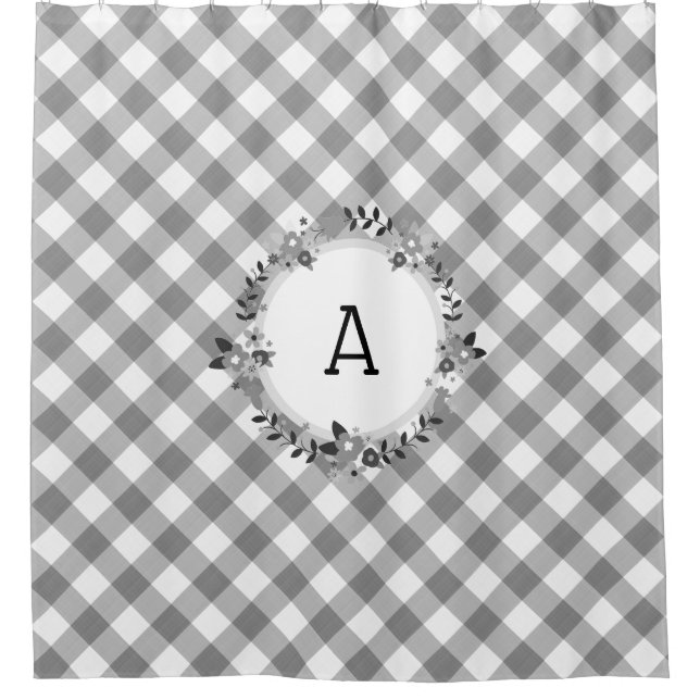 Gray White Gingham Floral Wreath Initial Country Duschvorhang (Vorderseite)