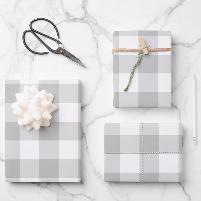 Gray White Gingham Karo Kariert neutraler Bauernho Geschenkpapier Set (Vorderseite)