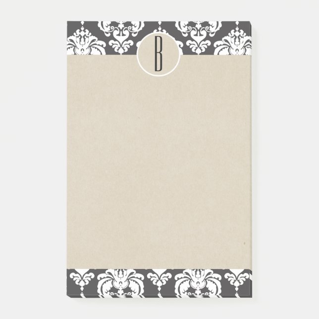 Gray White Glam Damask Kraft Monogram Initial Post-it Klebezettel (Vorderseite)