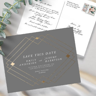 Gray & White Gold Deko Lines Save the Date Hochzei Postkarte