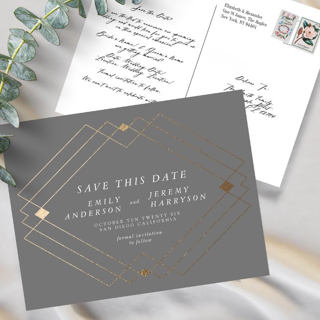 Gray & White Gold Deko Lines Save the Date Hochzei Postkarte (Von Creator hochgeladen)