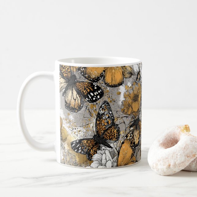 Gray White Gold Floral Butterflies Elegant Kaffeetasse (Mit Donut)