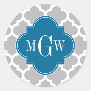 Gray White Marokcan #5 Peacock 3 Initial Monogram Runder Aufkleber