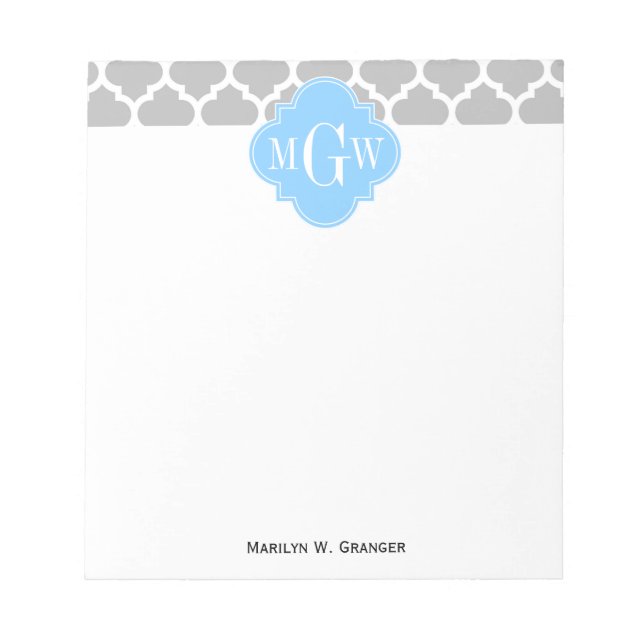 Gray White Marokcan #5 Sky Blue 3 Initial Monogram Notizblock (Vorderseite)