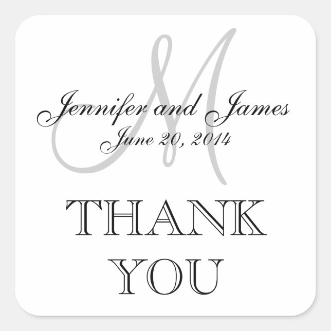 Gray White Monogram Square Wedellabel Quadratischer Aufkleber (Vorderseite)