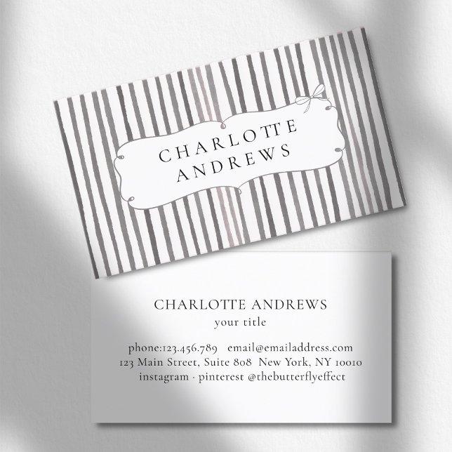 Gray White Stripe Vintage Bow  Visitenkarte (Gray White Stripe Vintage Bow Business Card)